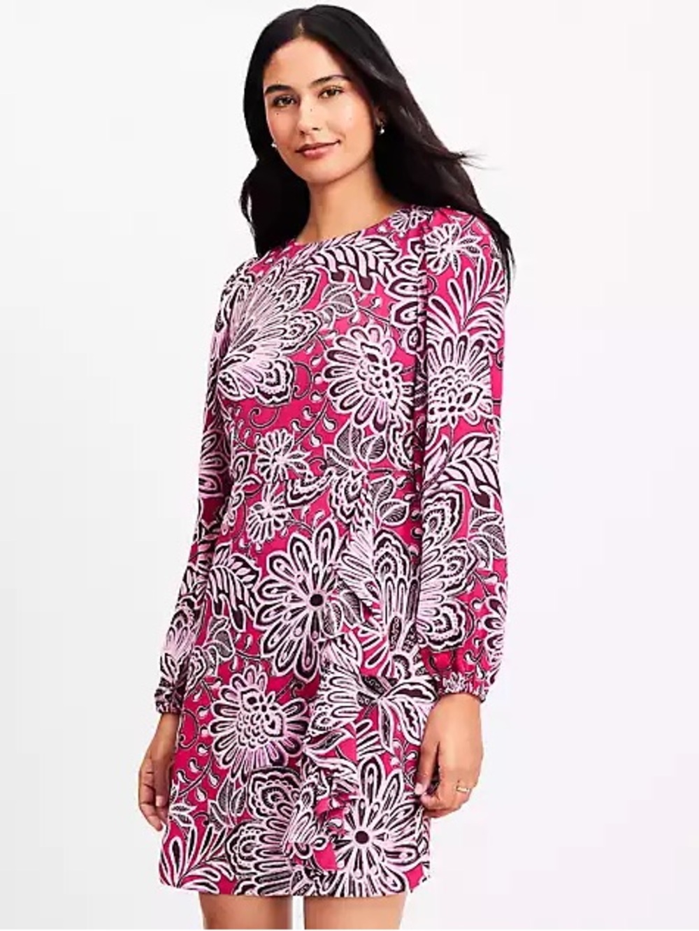 LOFT Petites Magenta Floral Paisley Ruffle Mini Dress 2P NWT Long Sleeve